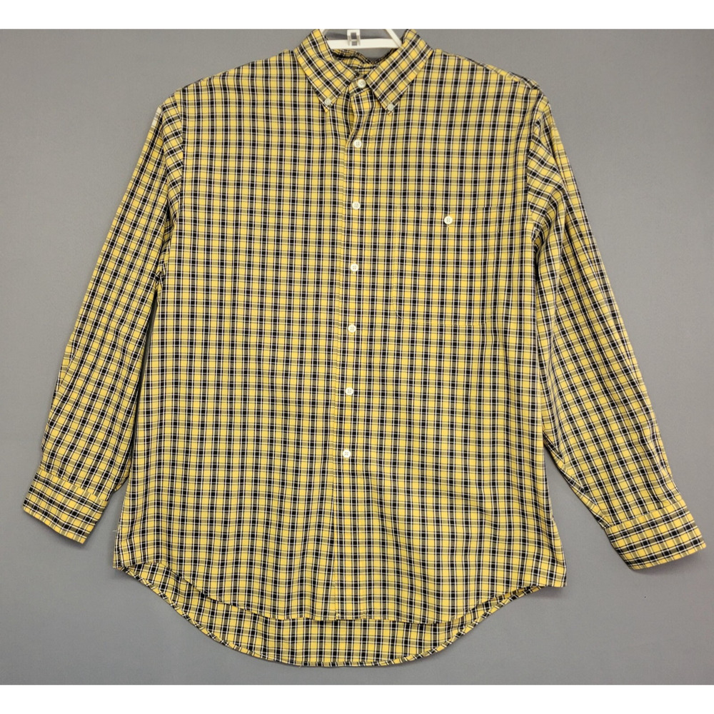 Lands End Plaid Button Front Shirt Mens Large Yellow Blue Pocket Long Sleeves